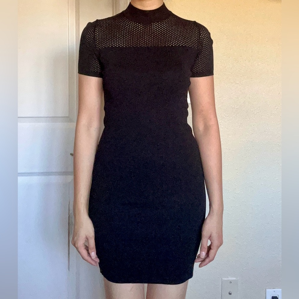 Bershka Short Sleeved Mock Neck Mesh Detail Mini Dress